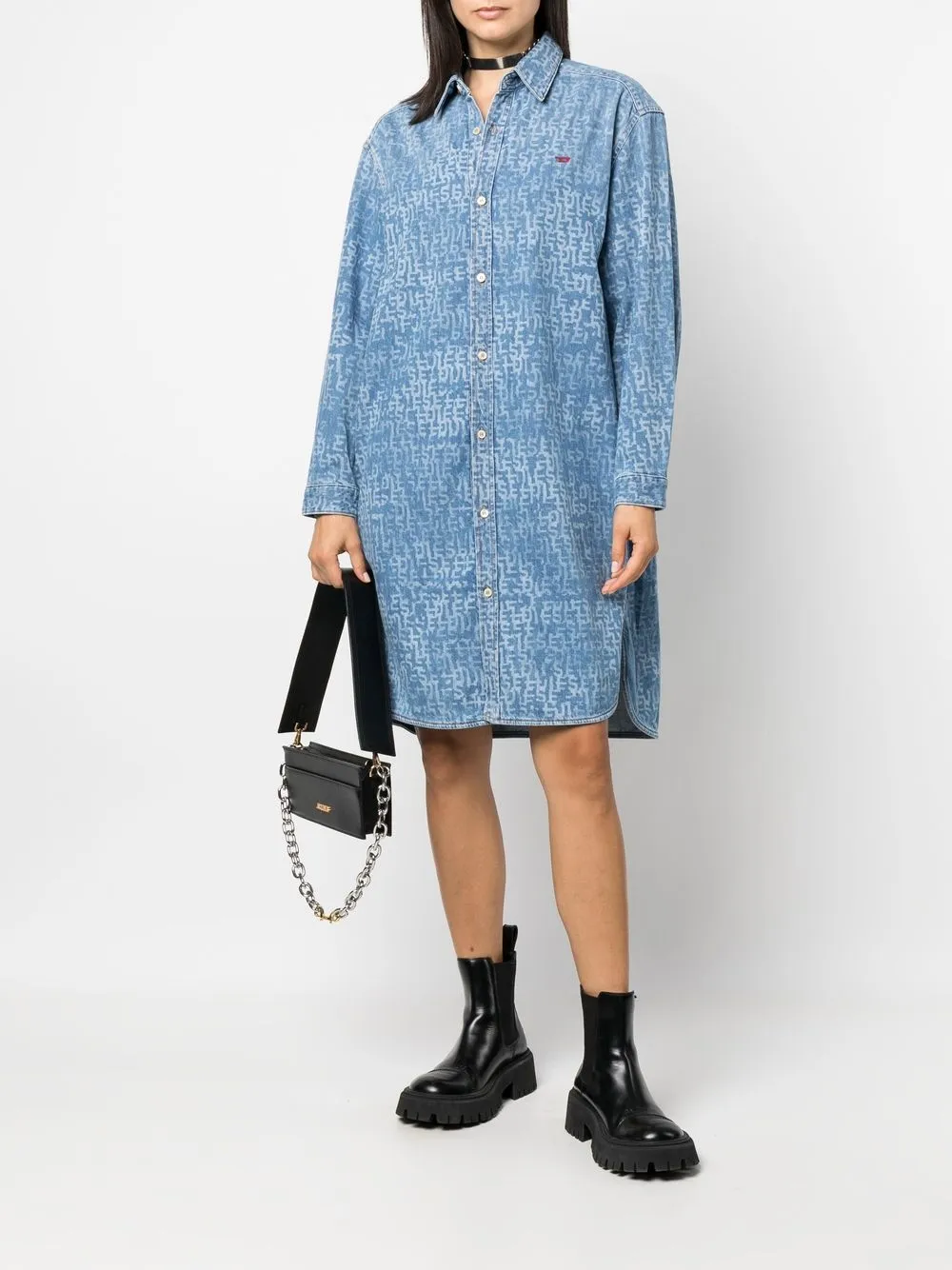  Diesel Hemdkleid Mit Logo Print   Blau 