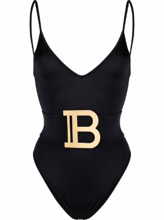 Balmain Belted plunge-neck Swimsuit - Farfetch