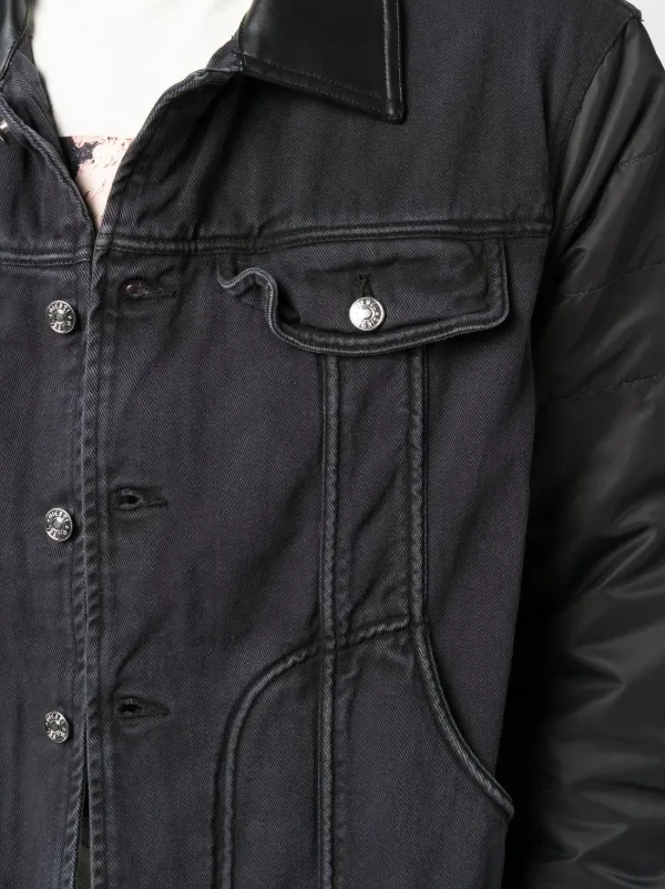 Lovemystyle Cropped Denim Jacket With Faux Leather Sleeves