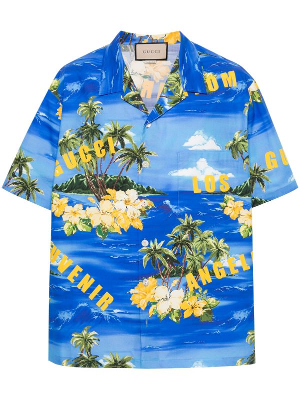 Gucci Palm tree print Bowling Shirt Blue FARFETCH CA