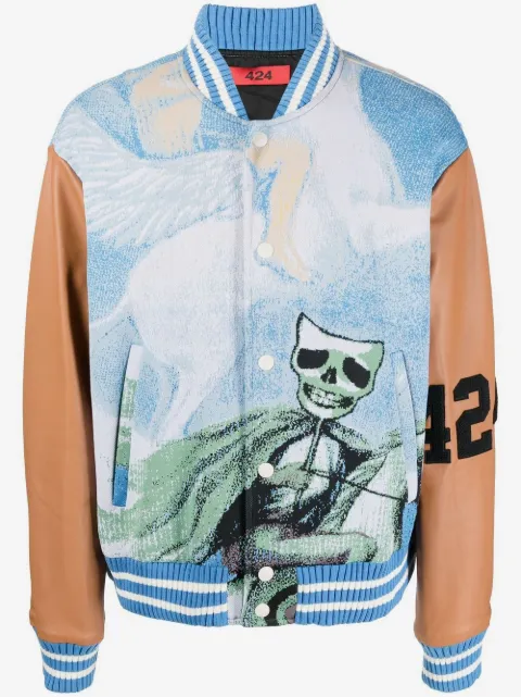 424 jacquard-print leather-sleeve bomber jacket