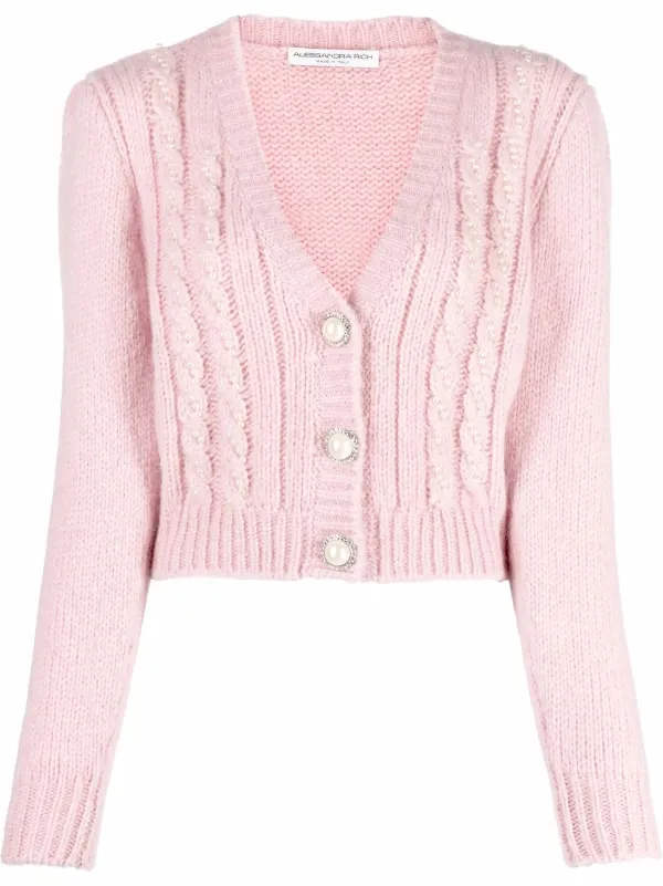 Alessandra Rich Cropped V-Neck Cardigan - Pink