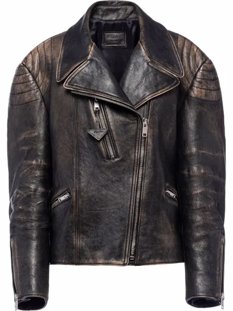 Prada - Faded Leather Biker Jacket - Women - Leather - 36 - Black
