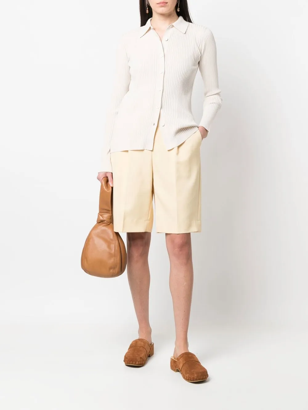 Shop Max Mara Buttoned-up Ribbed Polo Top In Neutrals