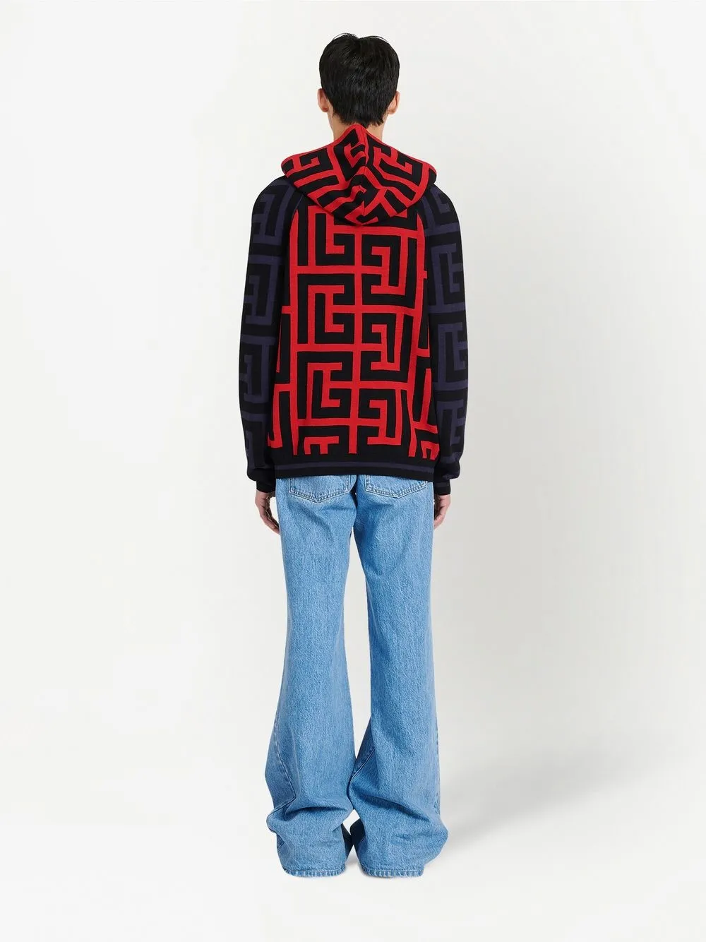 Balmain monogram-print Drawstring Hoodie | Blue | FARFETCH