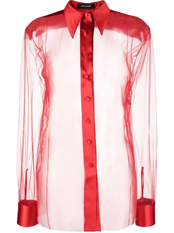 sheer red button up shirt