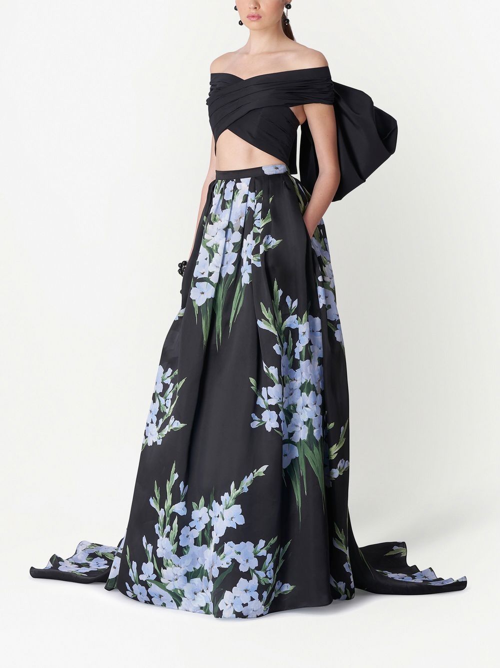 Shop Carolina Herrera Off-shoulder Silk Cropped Top In Black