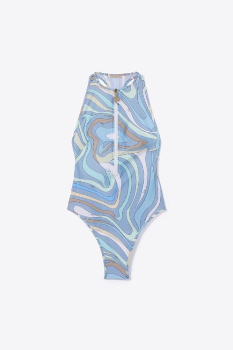 Marmo Print Zip Swimsuit In Blue Pucci