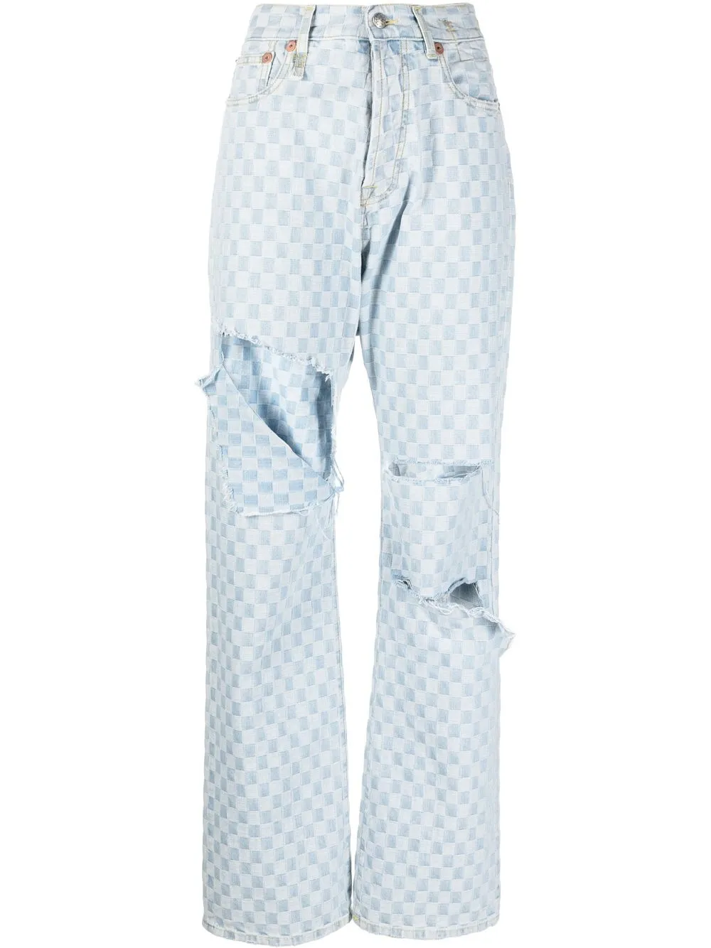 

R13 jeans rectos rasgados a cuadros de ajedrez - Azul