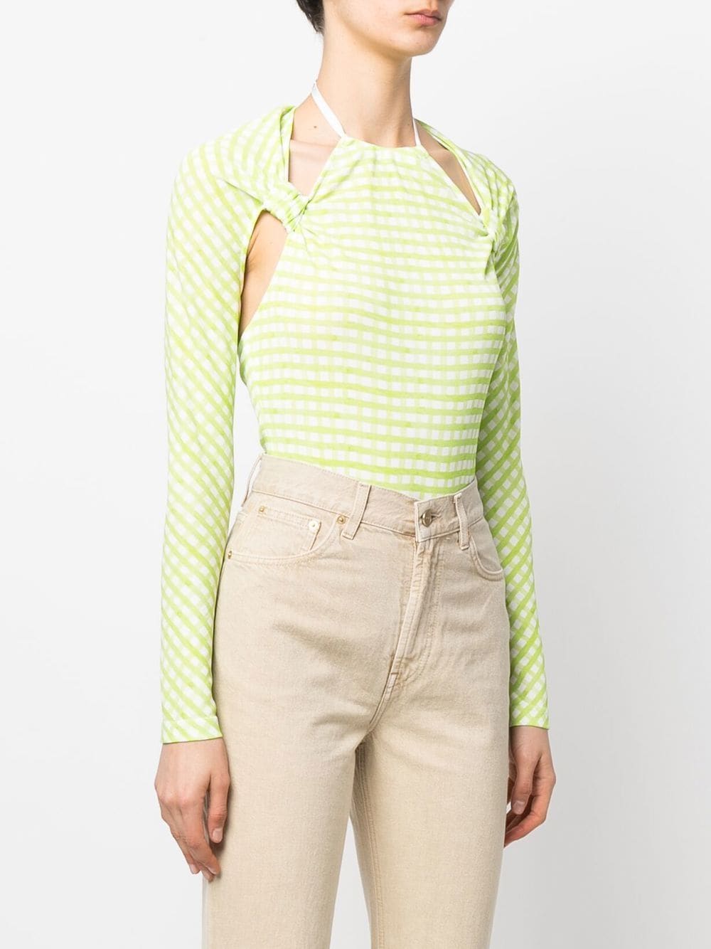 Shop Jacquemus Check-print Cut-out Bodysuit In Green