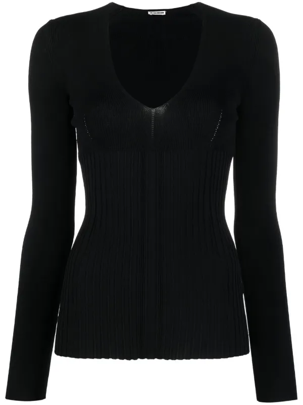 Jil Sander Ribbed Knit V-Neck Jumper - Black