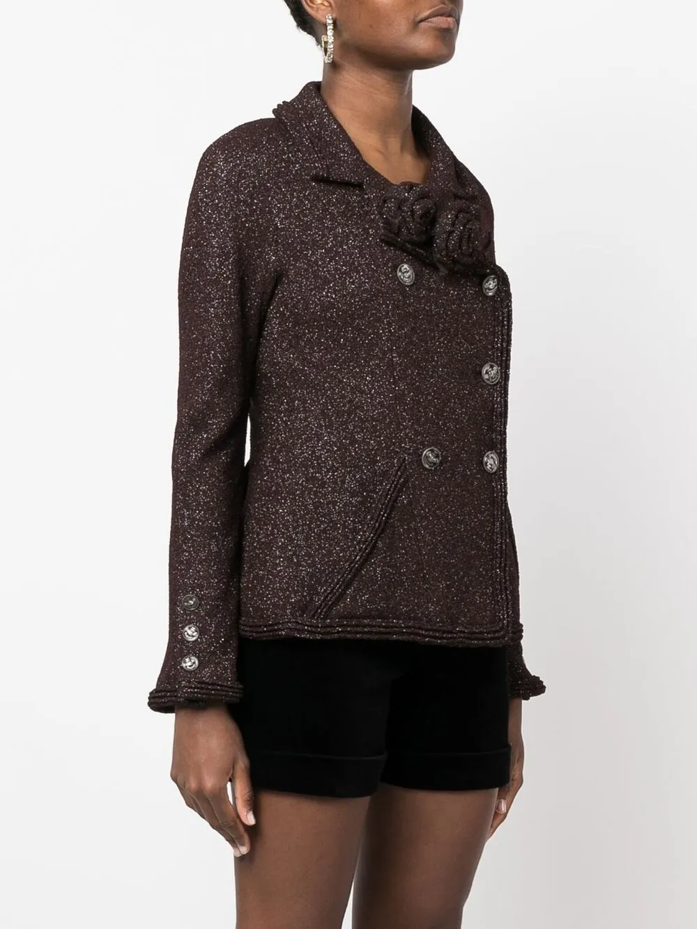 Pre-owned Chanel 2008 Metallic-knit Double-breasted Jacket In Brown