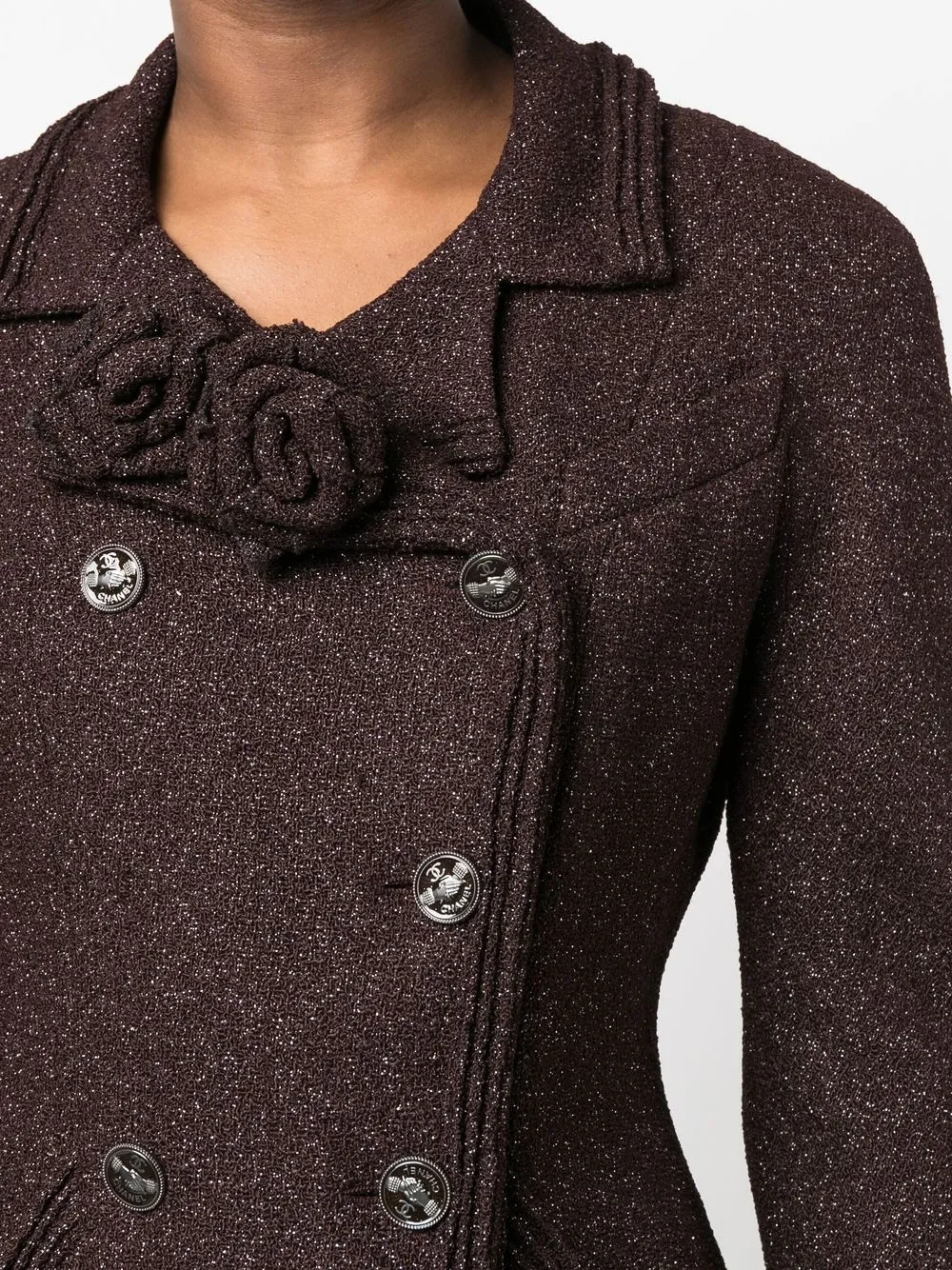 Pre-owned Chanel 2008 Metallic-knit Double-breasted Jacket In Brown