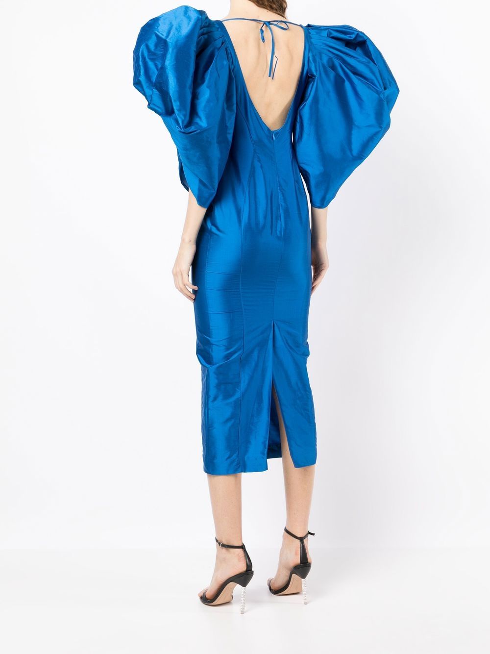 Shop Anouki Puff-sleeve Silk Dress In Blue