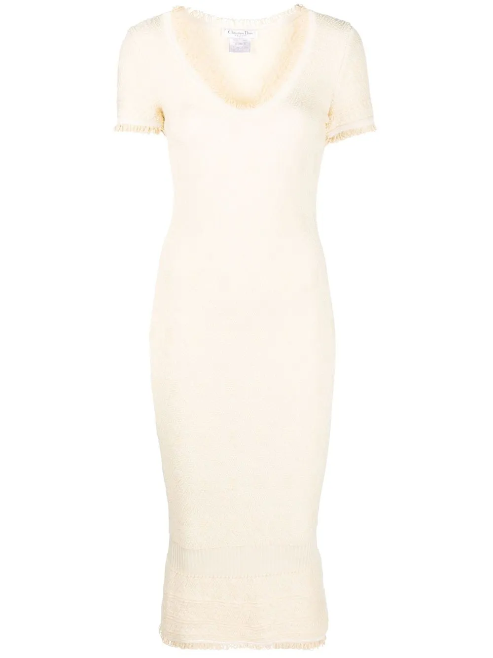 

Christian Dior 1990s pre-owned frayed-trim knitted dress - Neutrals