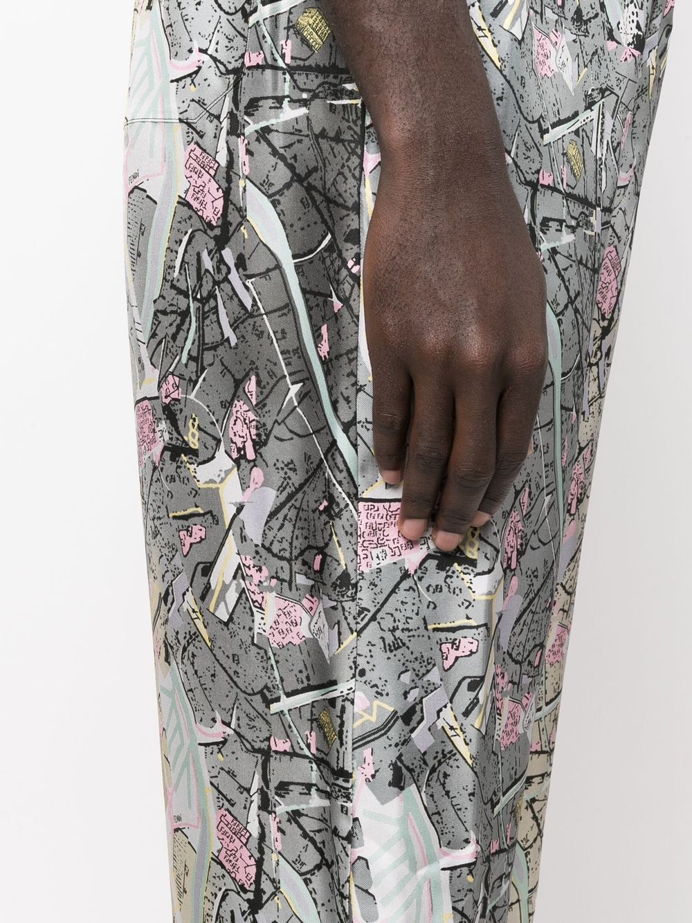 Shop Fendi Map-print Silk Trousers In Grau