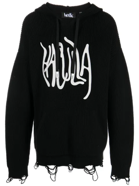 Haculla logo-print distressed knitted hoodie