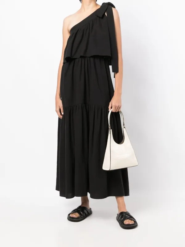 open lace back dress One shoulder gathered linen and cotton-blend maxi dress