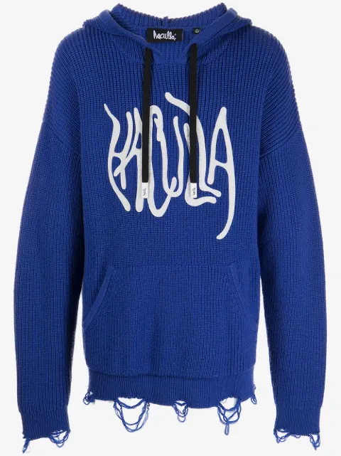 Haculla logo-print distressed knitted hoodie