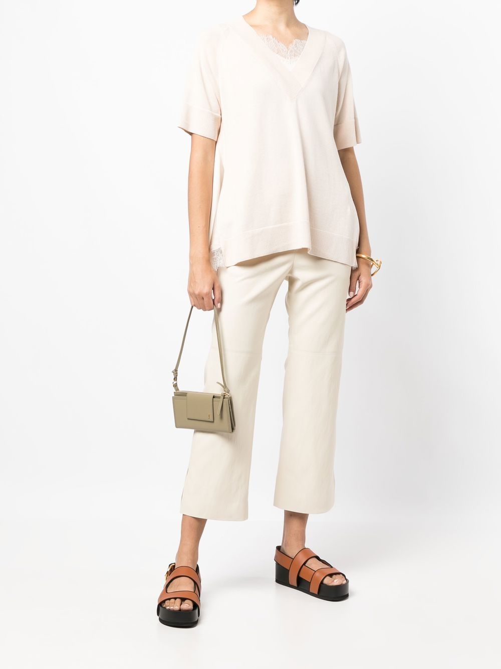 Goen.J lace-trim V-neck T-shirt - Neutrals