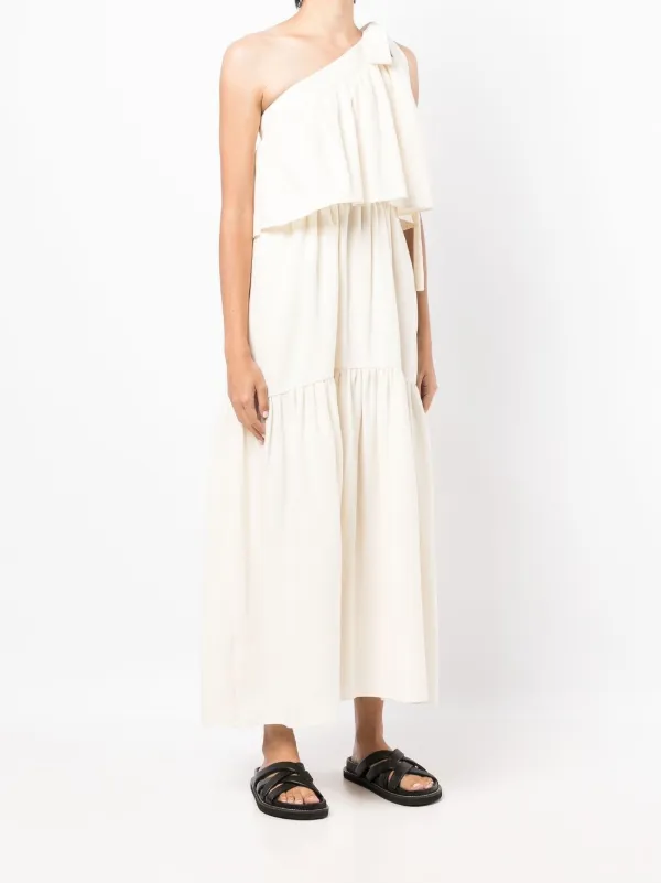 goen.j one shoulder dress One shoulder gathered linen and cotton-blend maxi dress