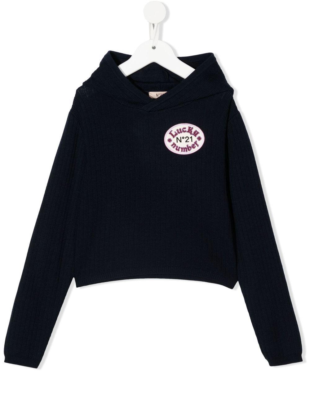 Nº21 Kids ribbed knit logo hoodie - Blue