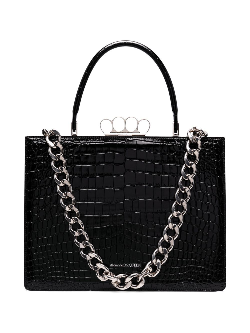 Alexander Mcqueen The Four Ring Frame Crocodile-effect Tote In Black 