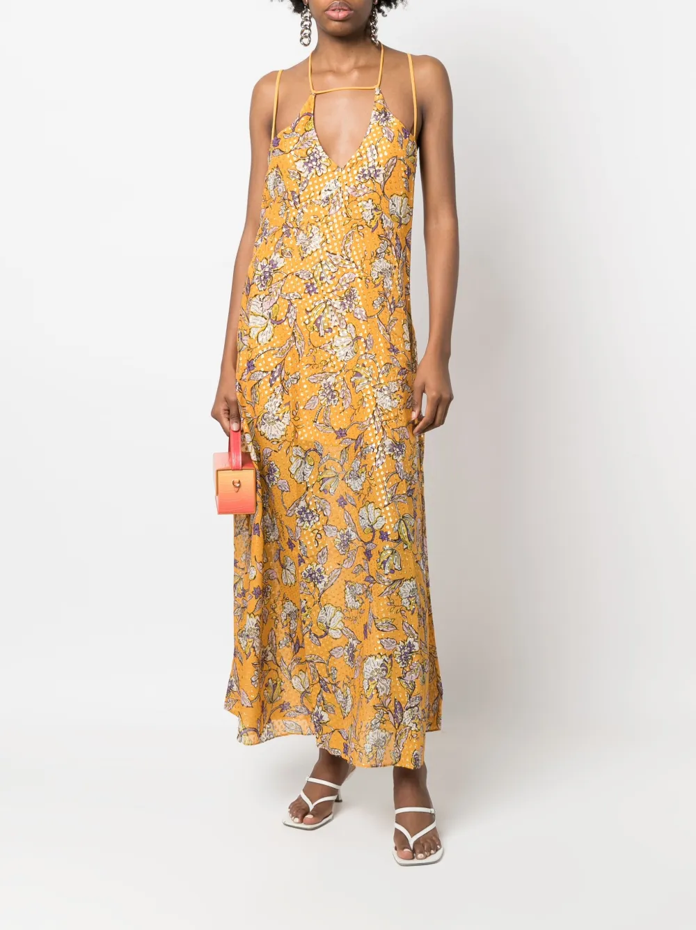  Patrizia Pepe Midi Seidenkleid Mit Blumen Print   Orange 