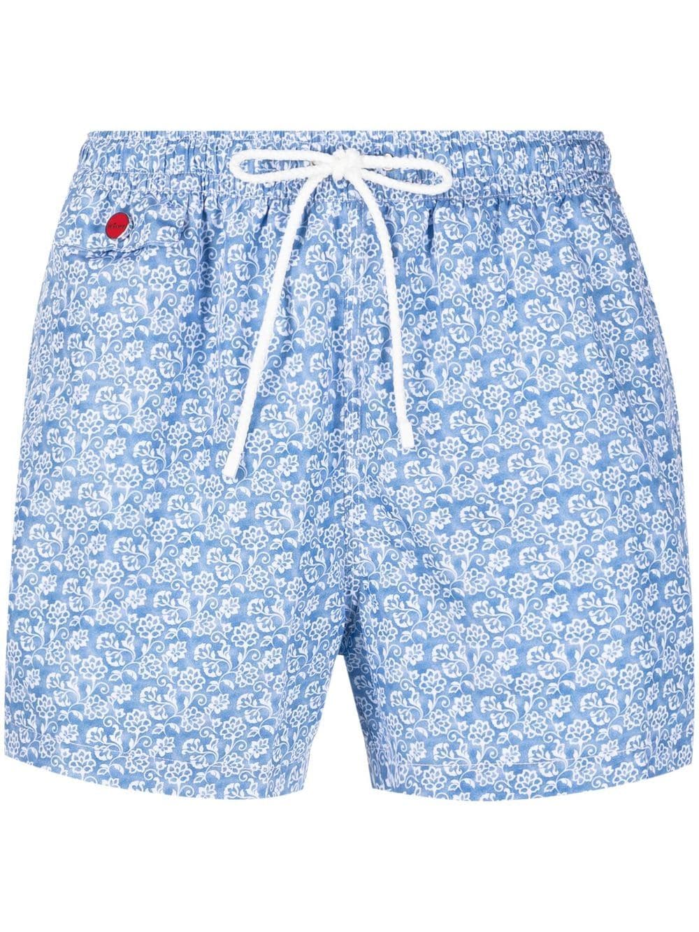 Kiton Light Blue Swim Shorts With White Floral Print In Azzurro/bianco