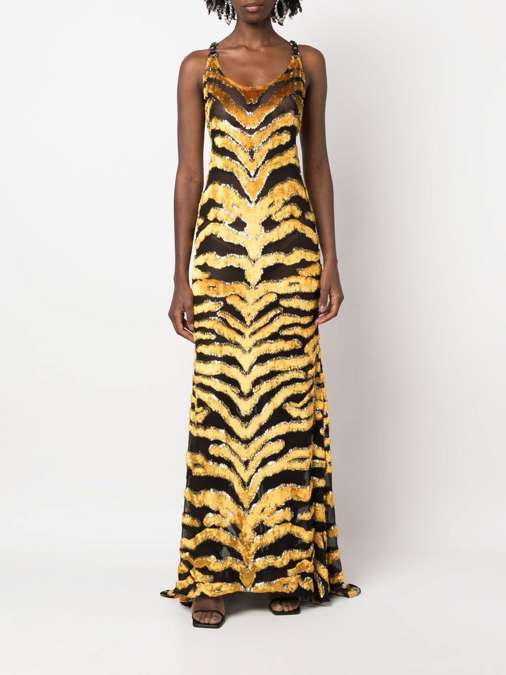 Shop Roberto Cavalli Textured Tiger-stripe Semi-sheer Dress In Gold