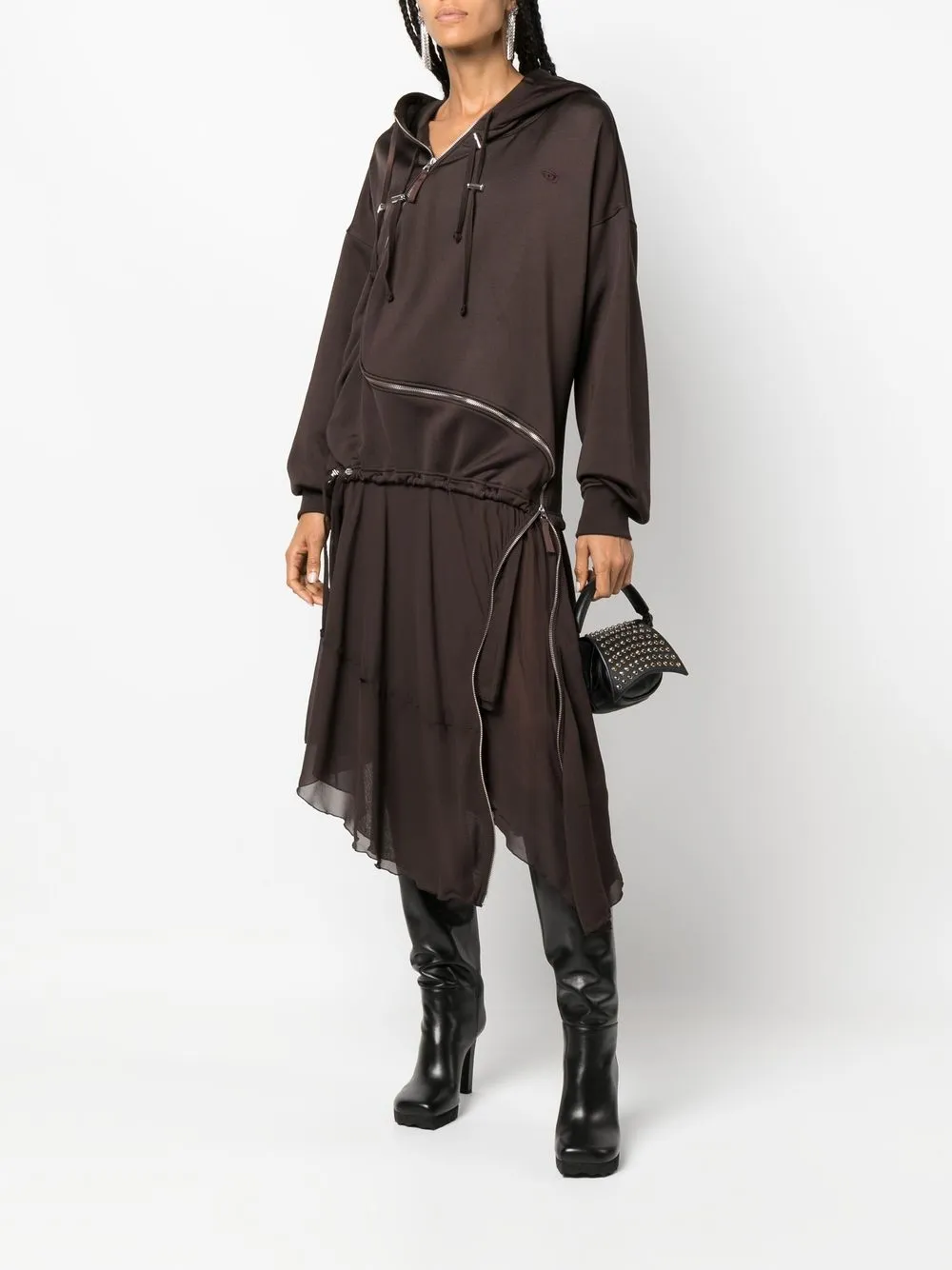  Diesel D Abanazip Kapuzenkleid Mit Chiffoneinsatz   Braun 