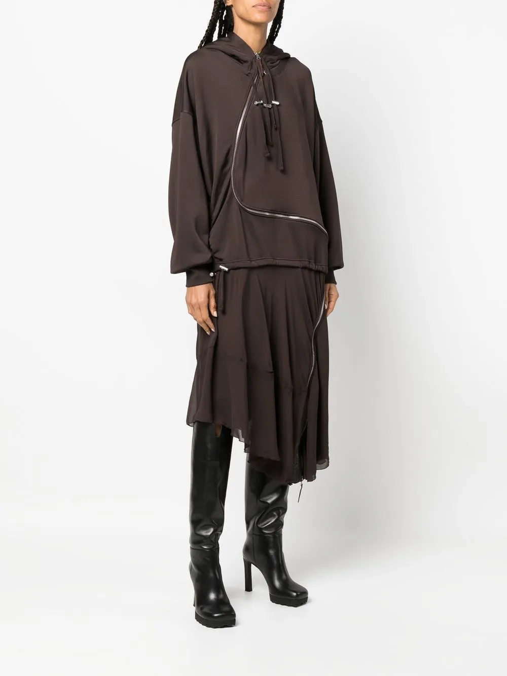  Diesel D Abanazip Kapuzenkleid Mit Chiffoneinsatz   Braun 