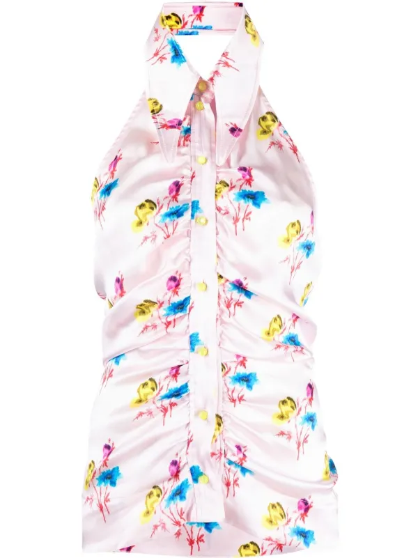 GANNI Floral Ruched Halterneck Top 
