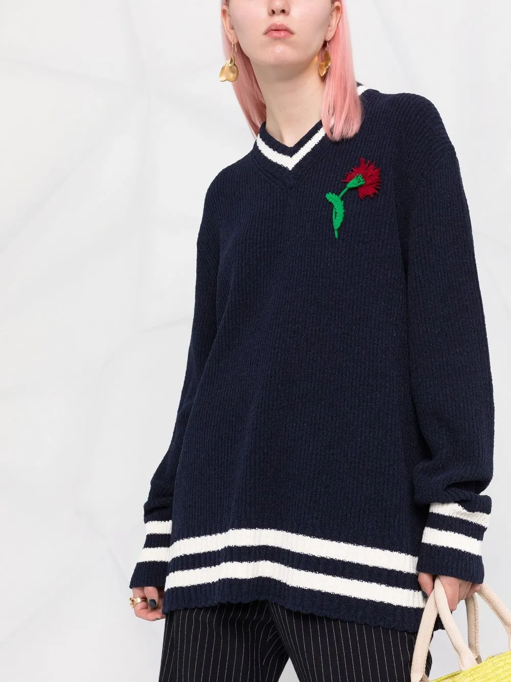 Shop Maison Margiela Floral-embroidered V-neck Jumper In Blue