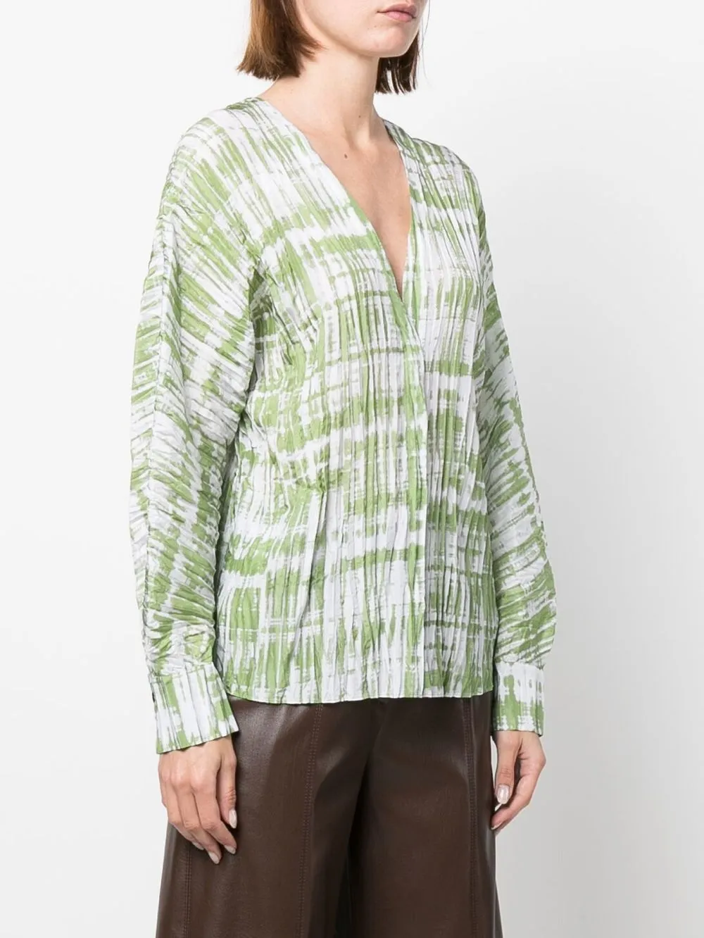 Vince Tie-dye Double V-neck Long-sleeve Blouse In Green