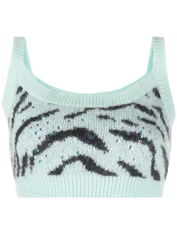 Alessandra Rich Zebra Intarsia-knit Cropped Top in Blue
