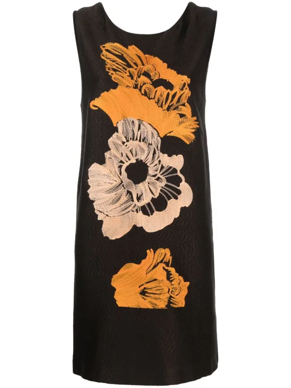 Ferragamo Embroidered-floral Detail Dress in Brown