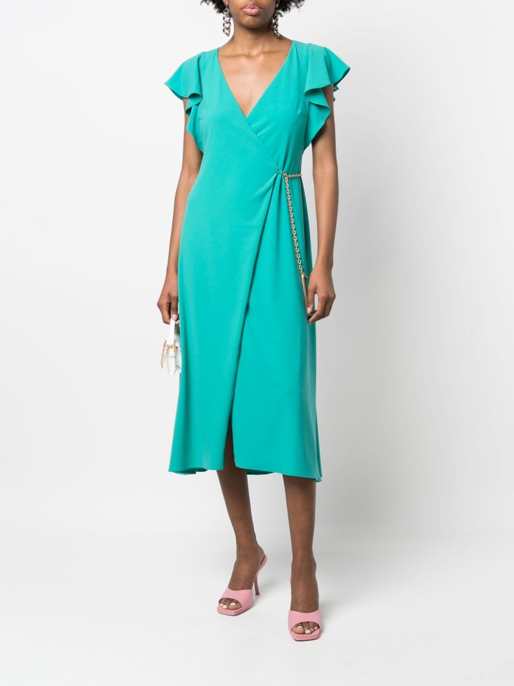 Shop Patrizia Pepe Ruffle-sleeve Midi Dress In Green