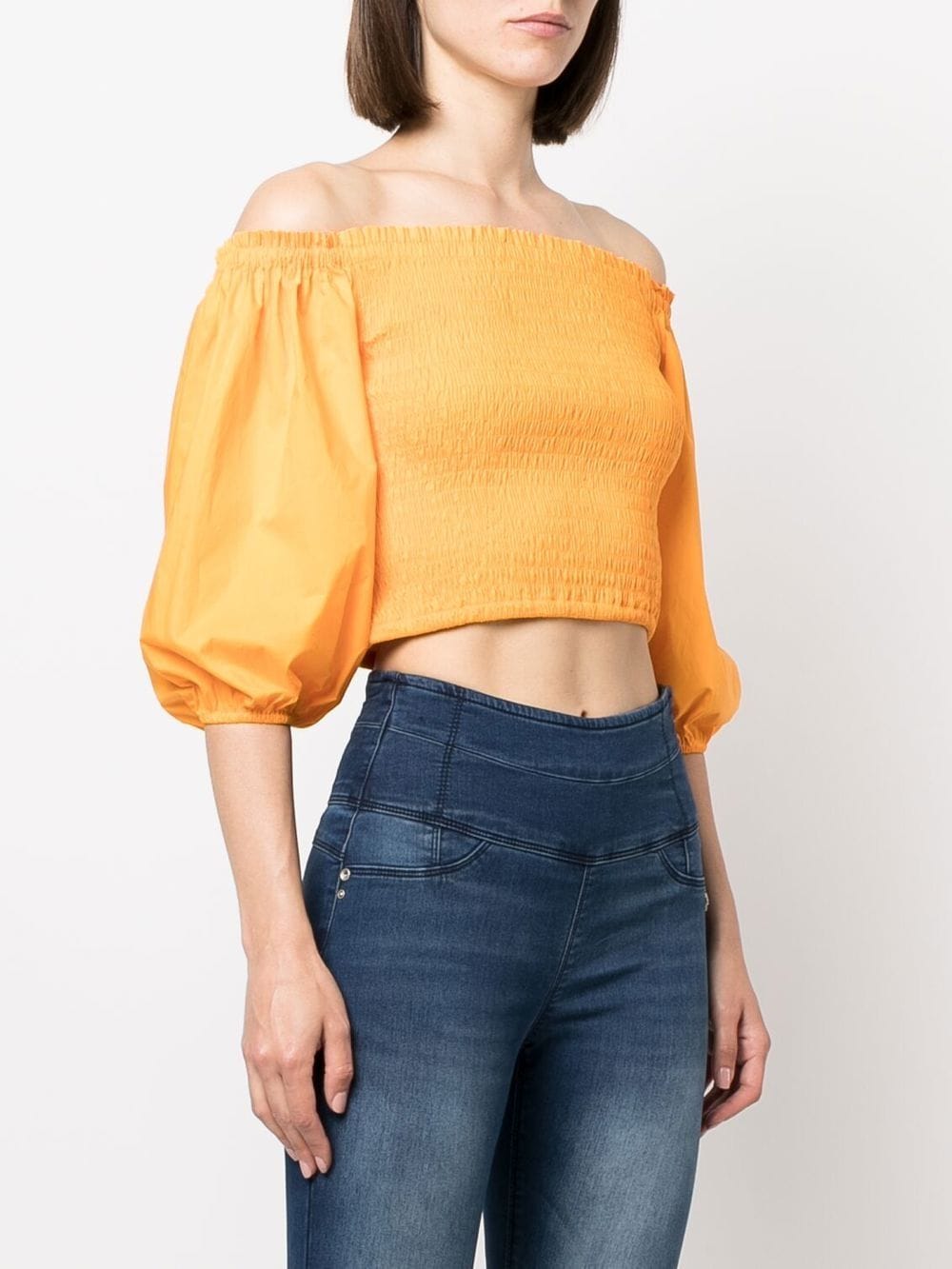 Shop Patrizia Pepe Off-shoulder Smocked Cropped Top In Orange