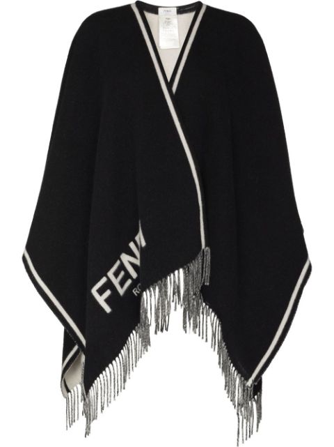 Fendi poncho i kashmir med frynser og intarsia-logo