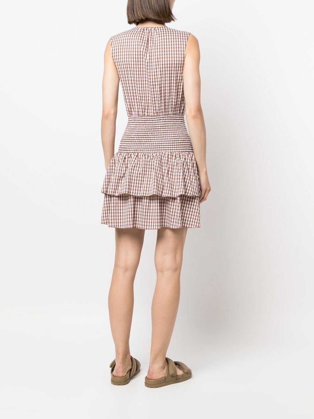 Shop Patrizia Pepe Gingham-print Smocked Mini Dress In Brown