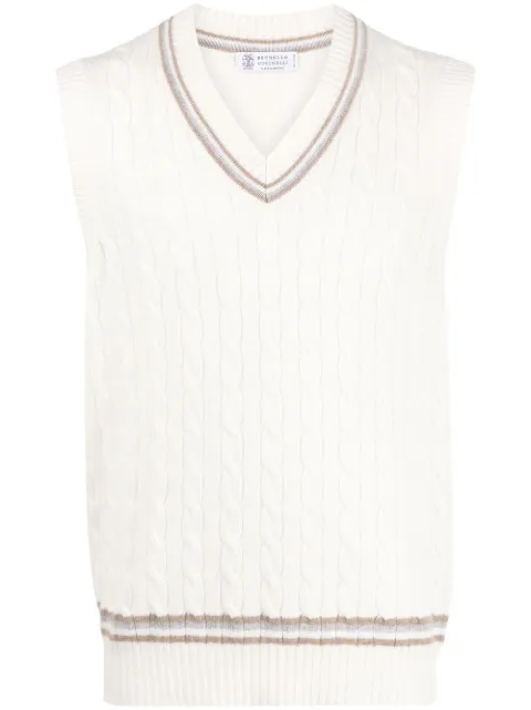 Brunello Cucinelli kabelstickad väst med ribbad kant 