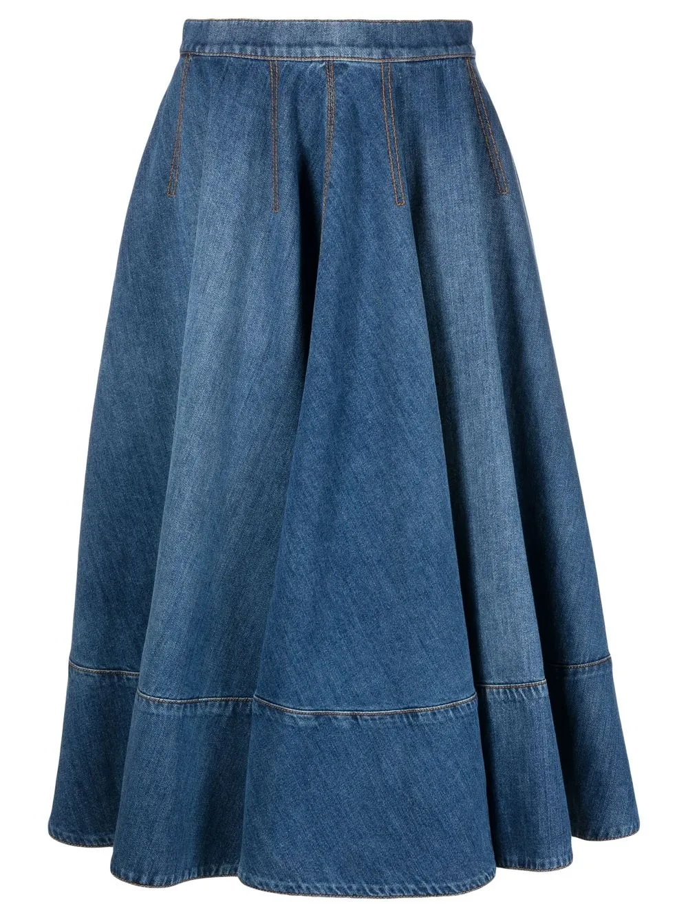 lightly-pleated denim midi skirt