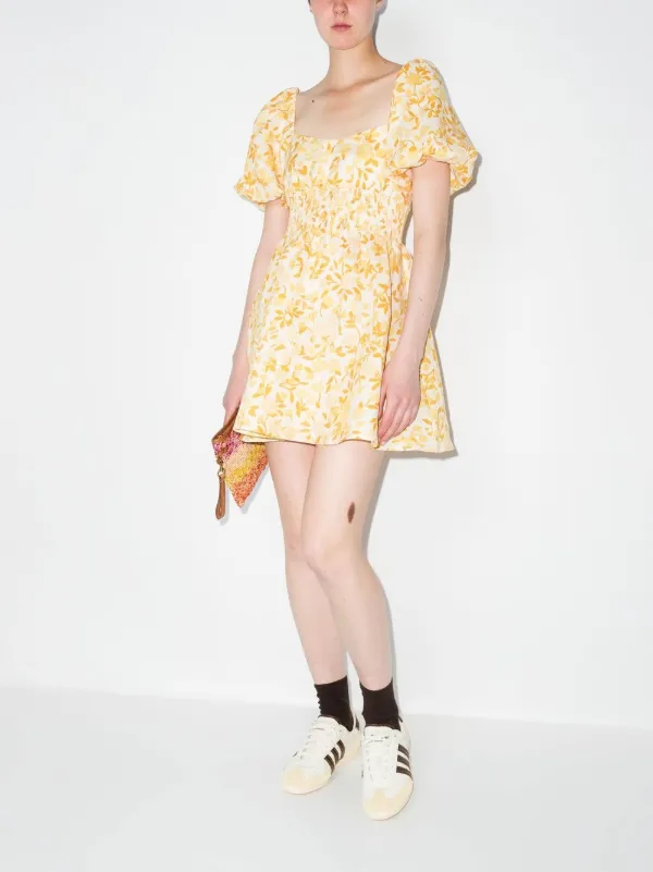 Peony Smocked Puff-Sleeve Mini Dress - Neutrals