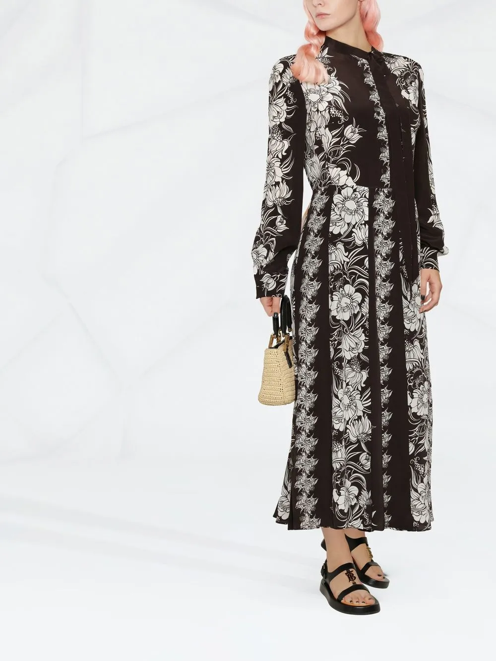 Valentino Floral-print Silk Maxi Dress In Brown