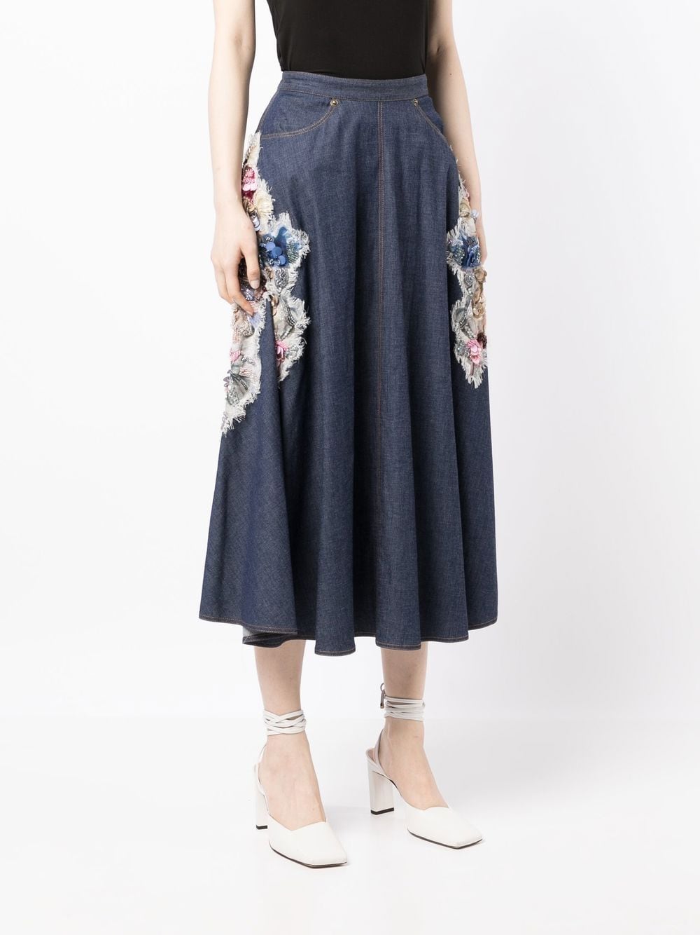 Shop Saiid Kobeisy Denim Bead-embellished Skirt In Blue