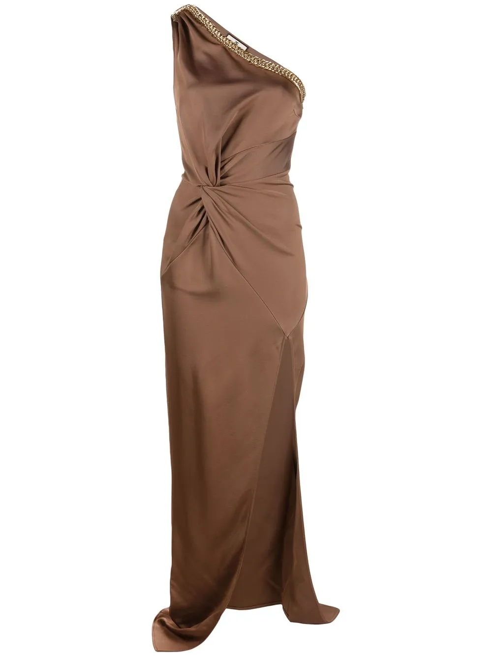 Elisabetta Franchi One-shoulder Chain-trim Gown In Braun