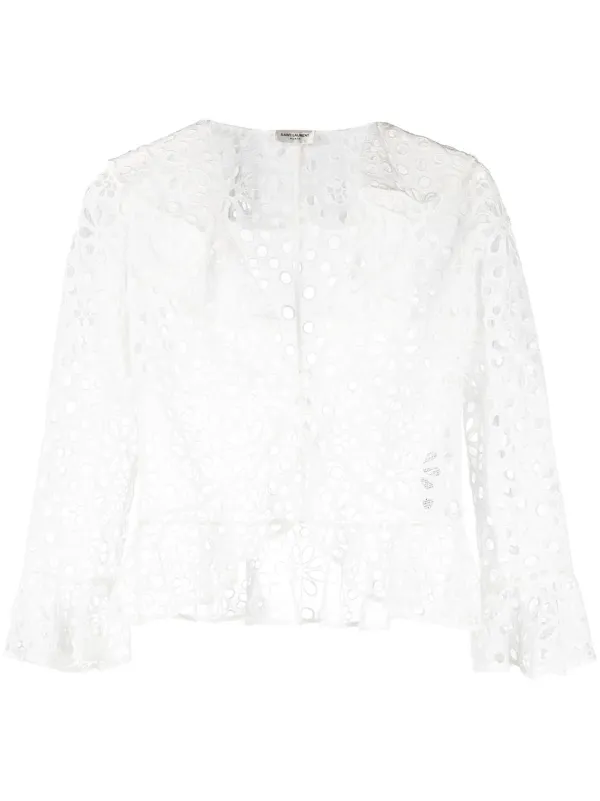 Saint Laurent Embroidered-design Long-sleeve Blouse in White