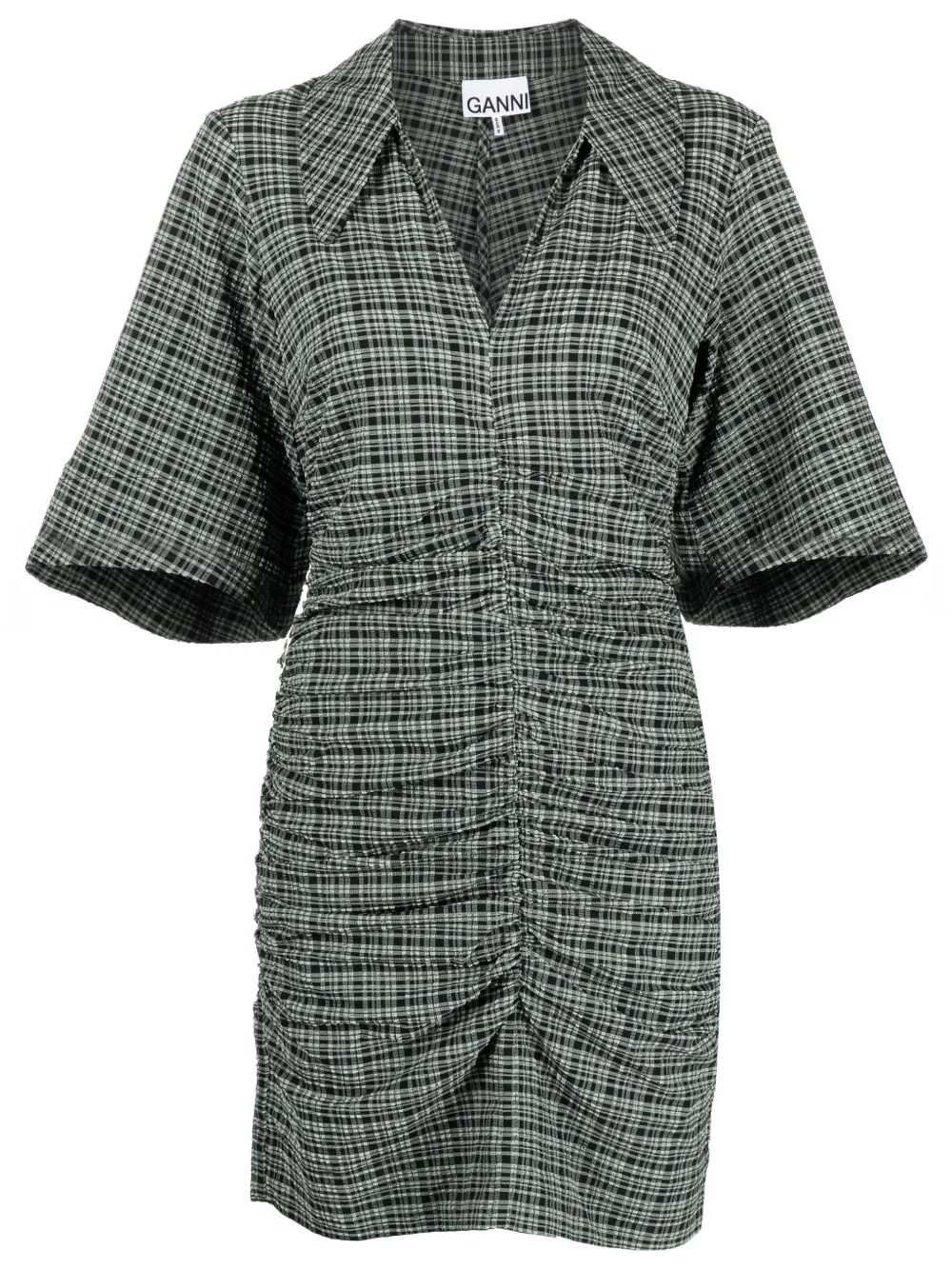 

GANNI seersucker check ruched dress - Green