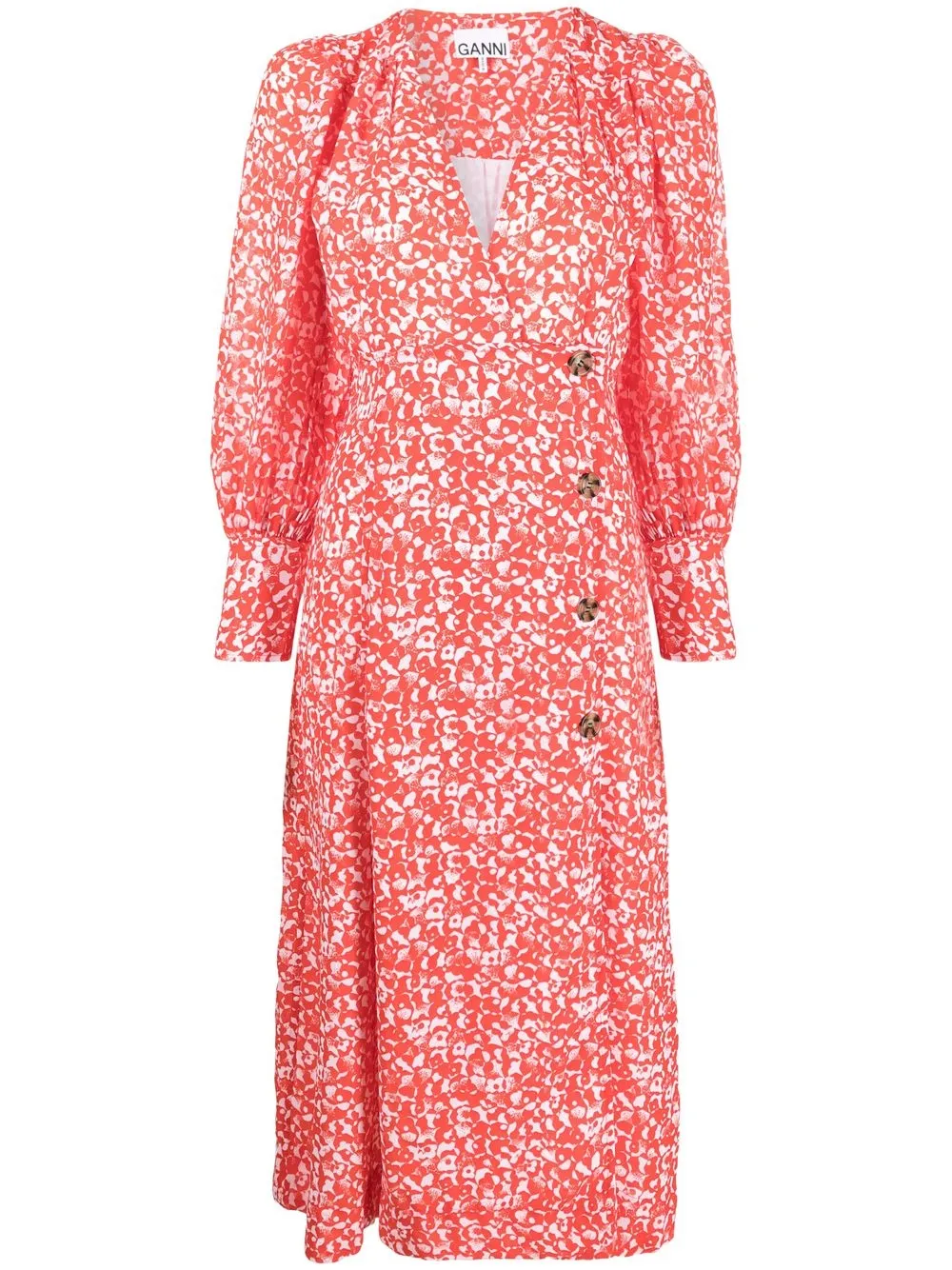 Ganni Balloon-sleeve Floral-print Crepe Midi Dress In Orange